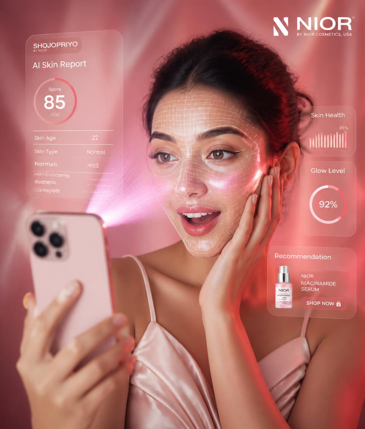 Woman amazed at AI face scan on her phone