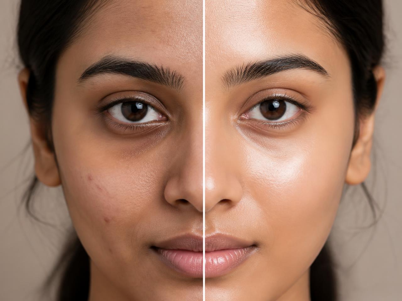 Before and after skincare results on a woman's face